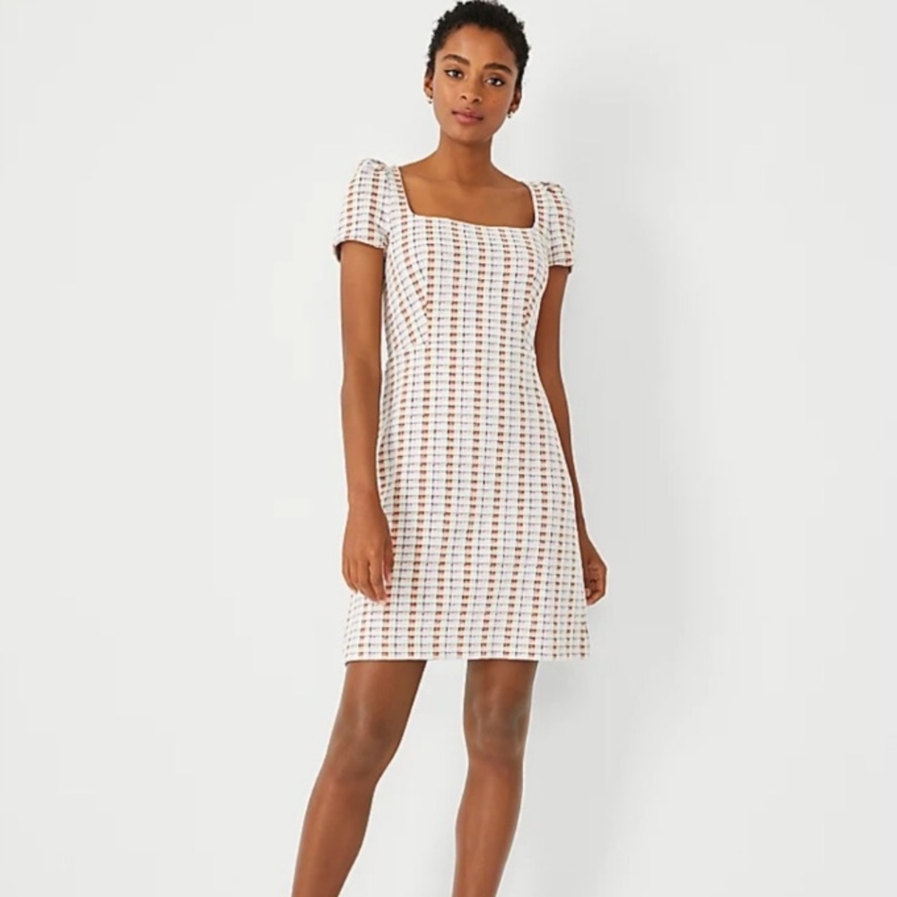 Ann Taylor Madras Plaid Puff Sleeve Flare Dress In Winter White Womens Size 14